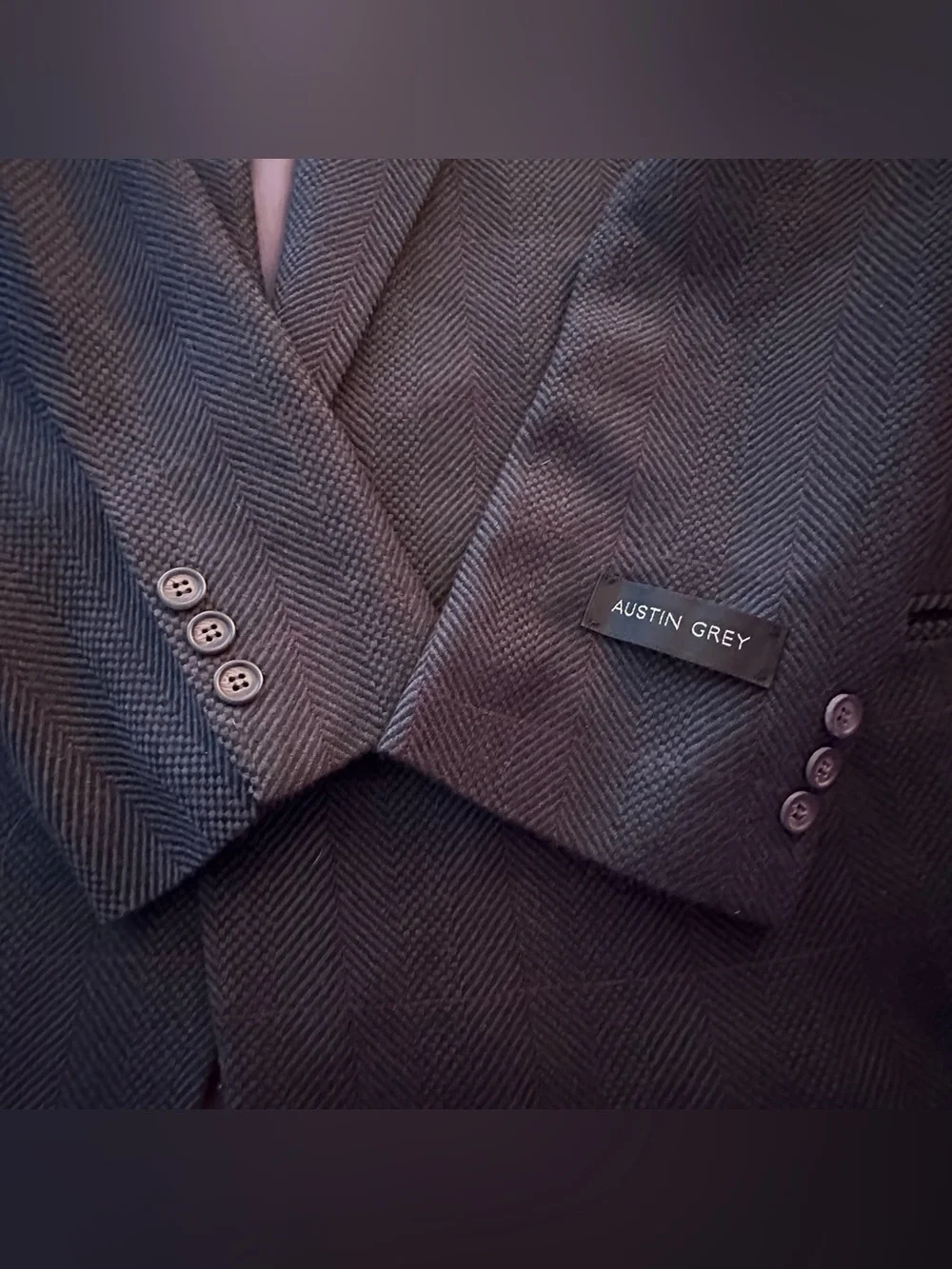 Vintage Austin Grey Herringbone Blazer 100% Wool Menswear Suit Jacket Sportscoat